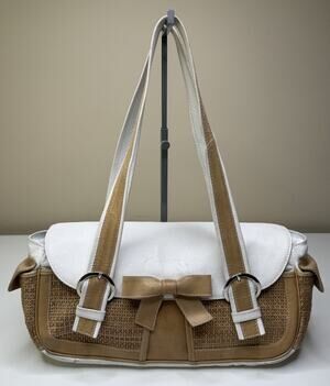 Fiori Shoulder Bag White Beige Pebbled Woven Leather Bow Accent Dual Handle Bag